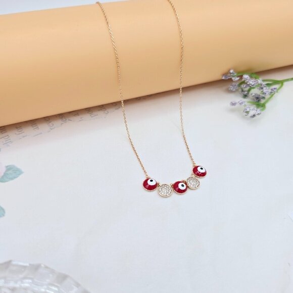 Rose Gold Necklace with Evil Eye & Crystal Charms, 17.7+2 Inch Chain,XPNL0025 - Picture 8 of 13